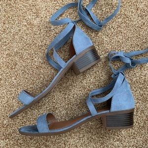 Gently Used Brash Uli Wrap/Lace Up Sandals, Blue, Low Block Heel, 7.5